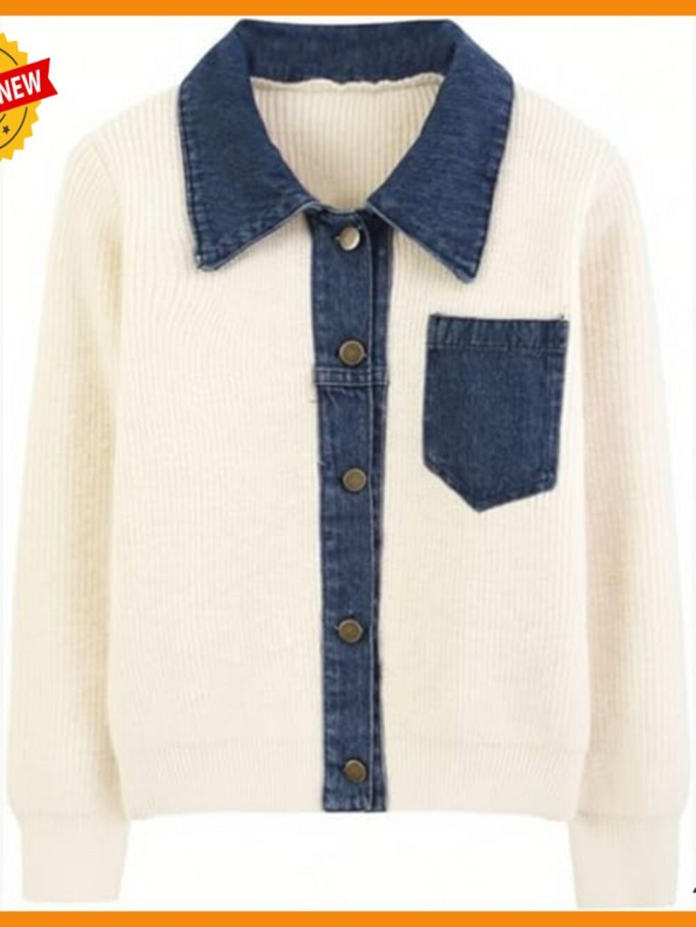 Knitted Denim Patchwork Cardigan Sweater Jacket Long Sleeve Button Down